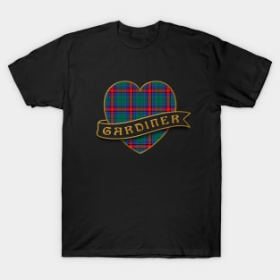 The GARDINER Family Tartan Heart & Ribbon Retro-Style Insignia Design T-Shirt